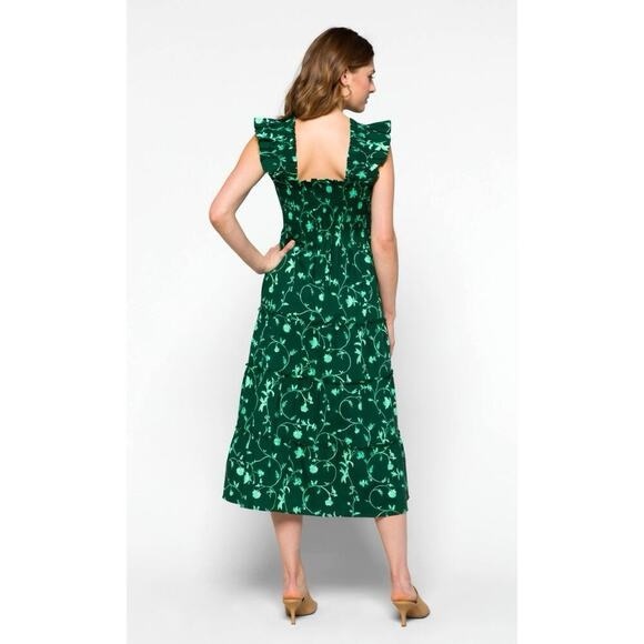Hill House Ellie Nap Midi Dress Green Botanical Smocked Ruffle - Picture 2 of 6